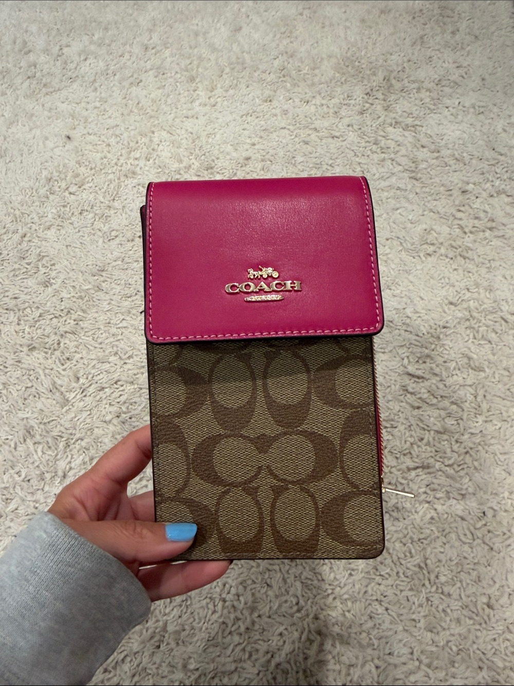 Coach Brown Signature Canvas Crossbody with Hot Pink Flap